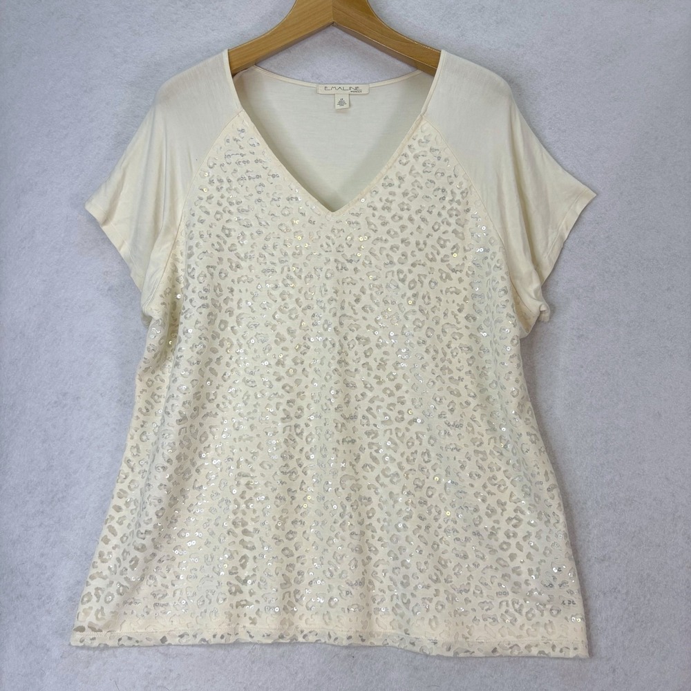 Emaline Cream Sequin Leopard Burnout V-Neck Top Women 1X Glam Chic Animal Print